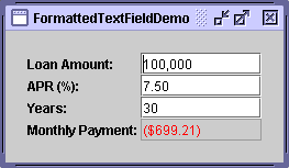 A snapshot of FormattedTextFieldDemo