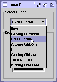 Screenshot of the LunarPhases application with combo box open