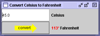The improved CelsiusConverter2 application with colored fonts on the Fahrenheit label and a graphic on the button. 