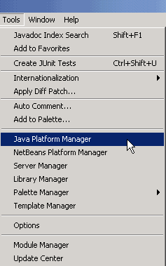 Selecting the Java Platform Manager from the Tools Menu