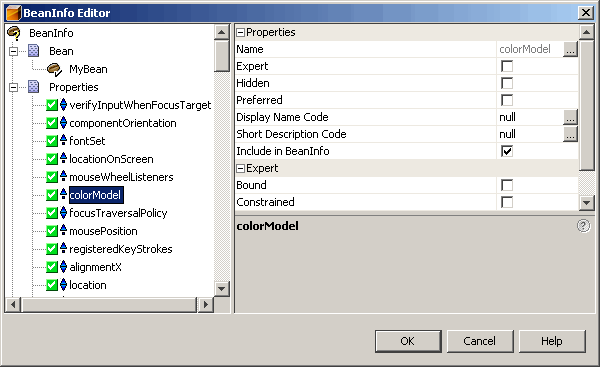 This figure shows the BeanInfo Editor dialog box and expanded Properties node 