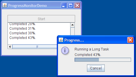 A snapshot of ProgressMonitorDemo and a dialog brought up by a progress monitor